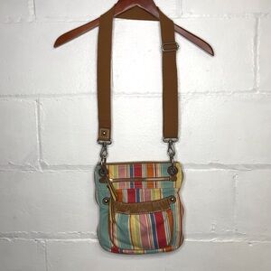Fossil Original Multicolor Striped Canvas Leather Crossbody Bag Purse Adjustable